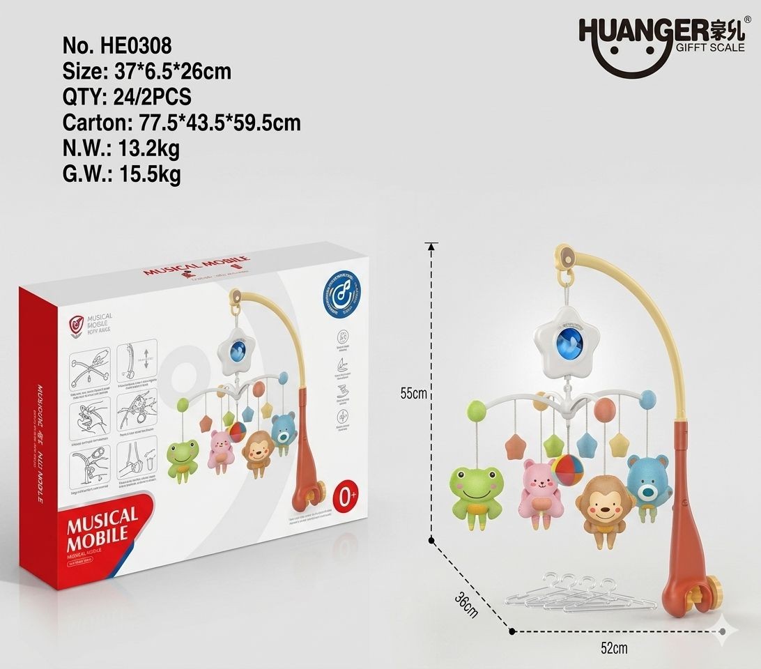 Móvil Musical para Cuna con Sonajeros de Animalitos (55 cm) - Huanger (HE0308)