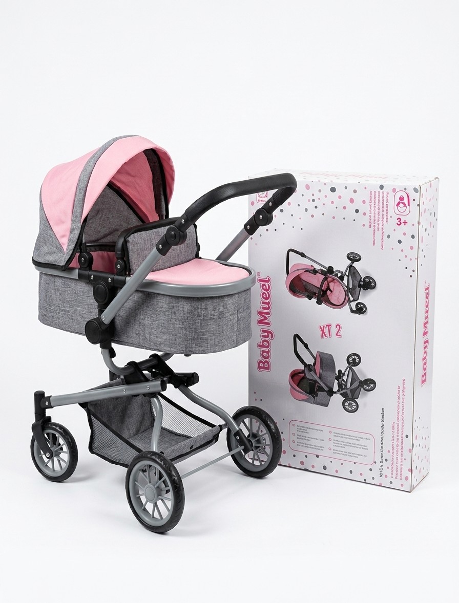 Coche para Muñecas Estilo Real con Capota y Canastilla – Gris y Rosado (FL9120)
