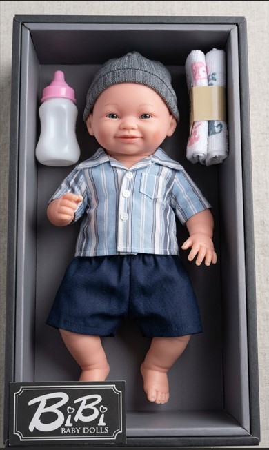 Muñeco Bebé Niño Sonriente con Sonido de 35 cm con Biberón y Accesorios – Camisa a Rayas y Short Azul – BiBi (XBY3378-14C)