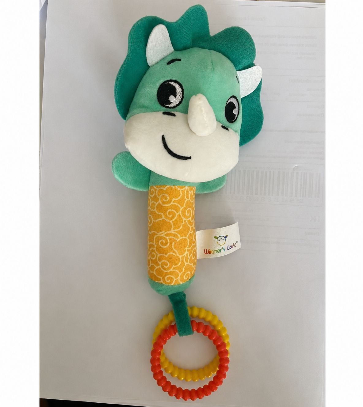 Sonajero de Peluche Sensorial con Mordedor - Diseño Dinosaurio Triceratops (24606WA1)