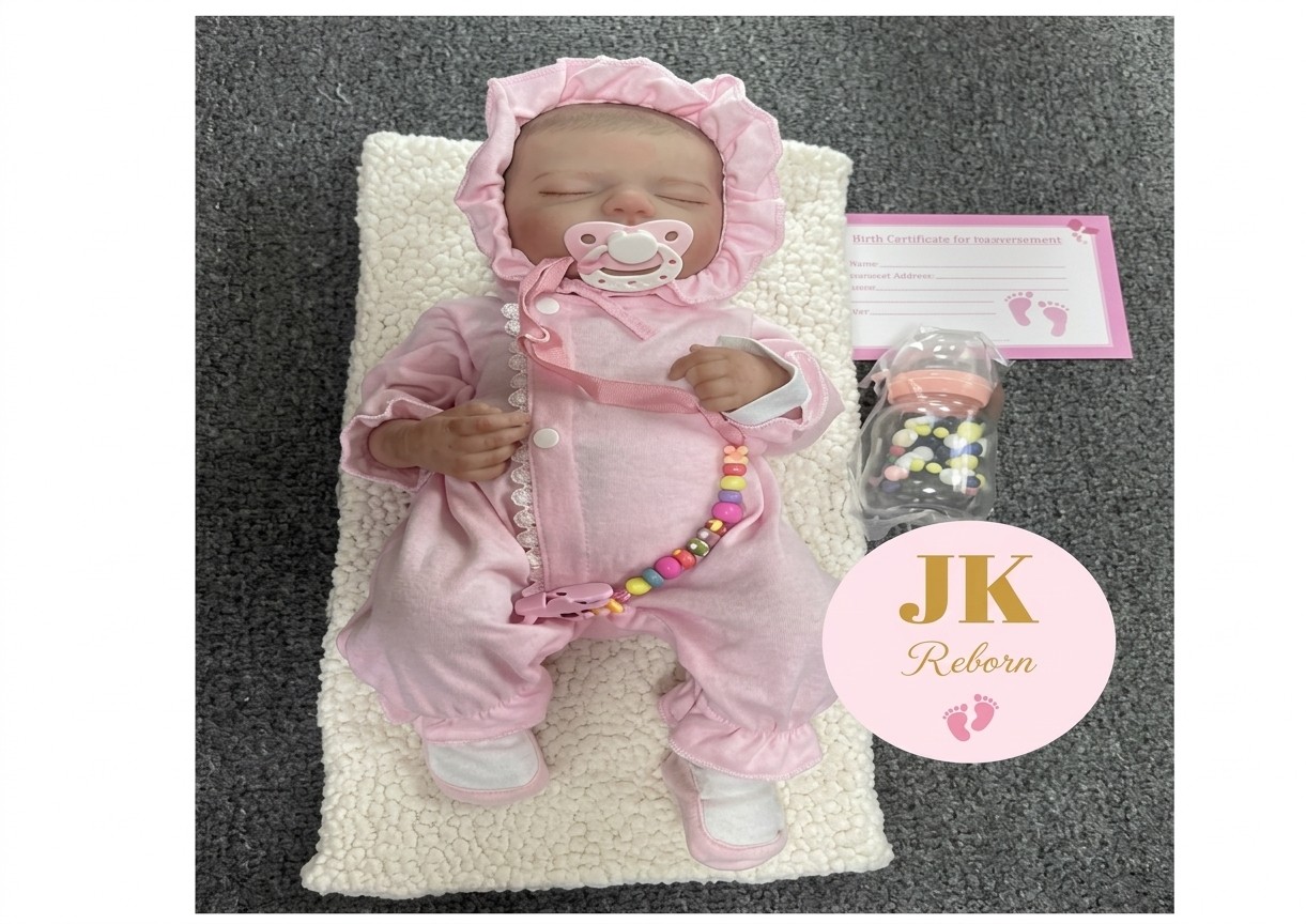 Muñeca Bebé Reborn Realista Niña Durmiendo - Set Clásico Rosado con Capucha y Accesorios Línea JK Reborn (JK-03)