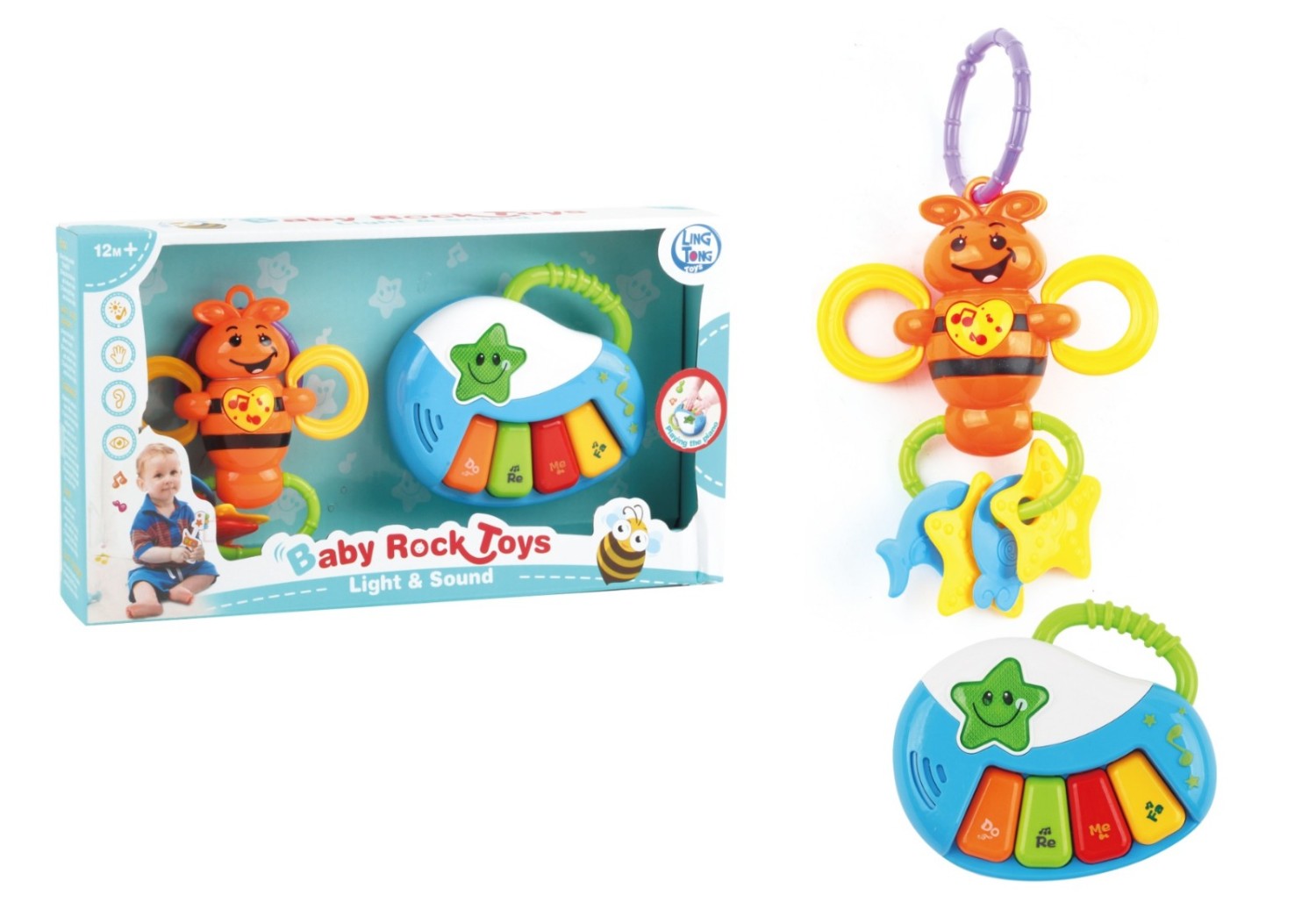 Set Musical y Sensorial para Bebé (2 Piezas) - Mini Piano y Sonajero Abejita (LT82019)