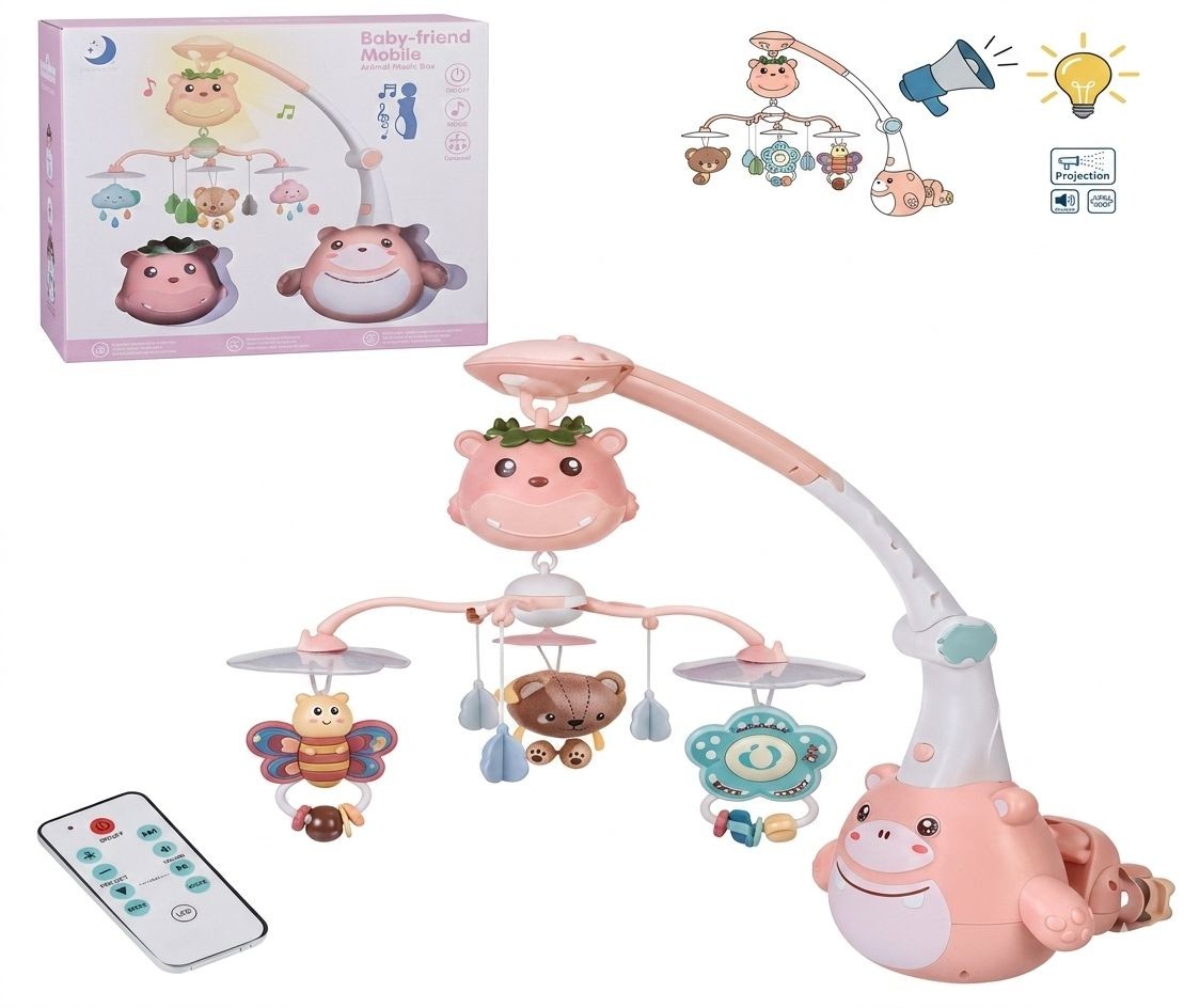 Móvil Musical y Proyector para Cuna con Control Remoto - Diseño Hipopótamo Rosa (HL2020-40)