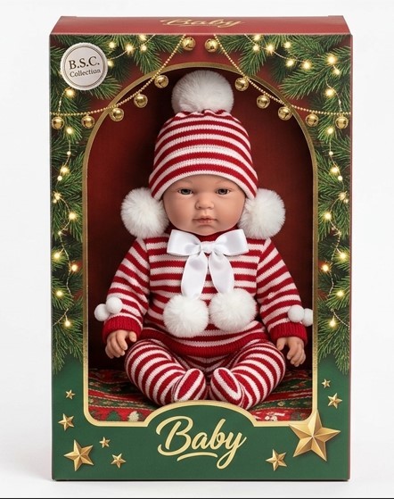 Muñeca Bebé Realista de 33 cm con Conjunto Tejido a Rayas y Gorro con Pompón – Edición Navidad en Caja de Regalo (254-2)