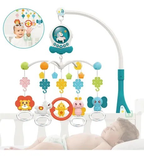 Móvil Musical Proyector para Cuna con Sonajeros y Agarraderas - Diseño Unicornio y Animalitos (HE0311)