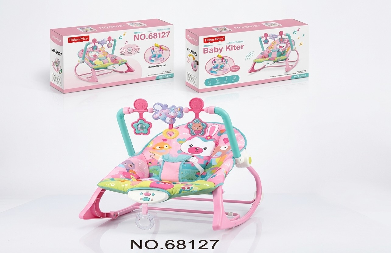 Silla Mecedora Musical para Bebé con Arco de Juguetes – Diseño Jardín Rosa y Turquesa (68127)
