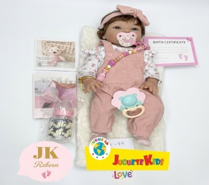 Muñeca Bebé Realista con 4 Sonidos (Mamá, Papá, Ríe y Llora), Certificado y Brazalete de Nacimiento – Jardinero Rosado (W-11)