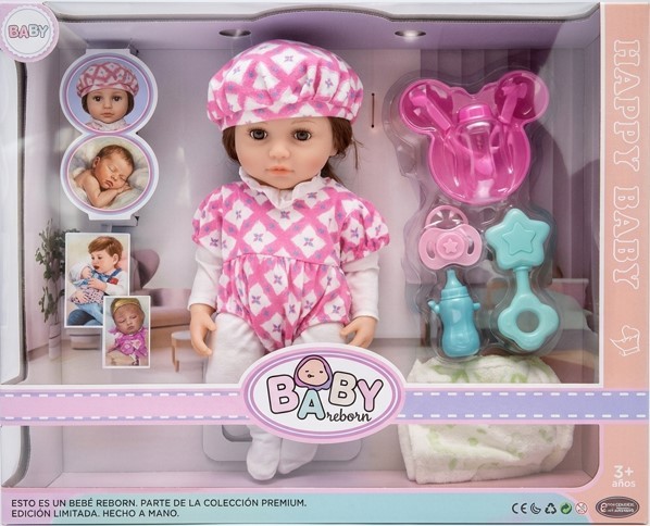 Muñeca Bebé con Biberón, Platito, Sonaja y Accesorios – Conjunto Rosado con Boina (KM-30302)